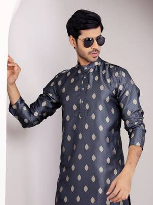 Navy blue viscosee fabric wevon jacquard work ethnic ceremonial wear kurta 3