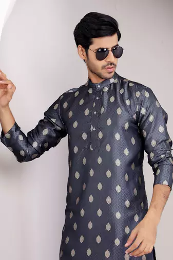 Navy blue viscosee fabric wevon jacquard work ethnic ceremonial wear kurta
