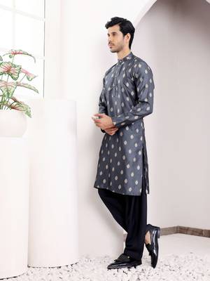 Navy blue viscosee fabric wevon jacquard work ethnic ceremonial wear kurta 4
