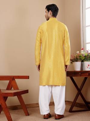 Beautiful chikankari embroidery work yellow viscosee fabric partywear kurta payjama 2