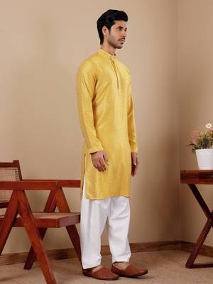 Beautiful chikankari embroidery work yellow viscosee fabric partywear kurta payjama 4
