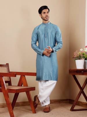 Beautiful chikankari embroidery work blue viscosee fabric partywear kurta payjama 1