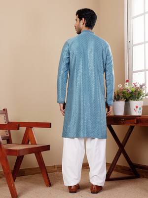 Beautiful chikankari embroidery work blue viscosee fabric partywear kurta payjama 2