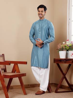 Beautiful chikankari embroidery work blue viscosee fabric partywear kurta payjama 3