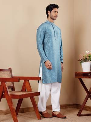 Beautiful chikankari embroidery work blue viscosee fabric partywear kurta payjama 4