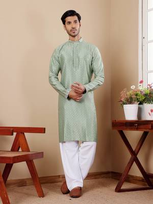 Beautiful chikankari embroidery work green viscosee fabric partywear kurta payjama 1