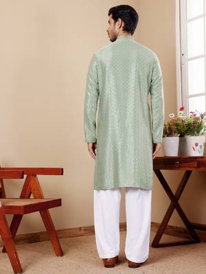 Beautiful chikankari embroidery work green viscosee fabric partywear kurta payjama 2