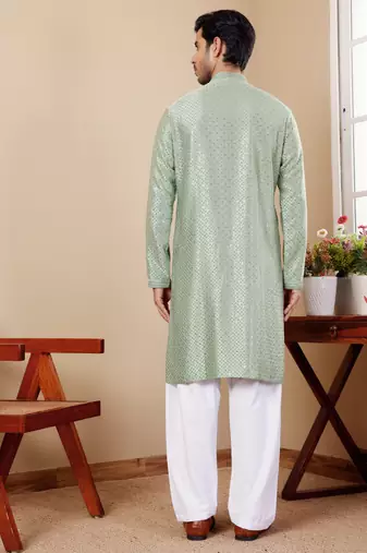 Beautiful chikankari embroidery work green viscosee fabric partywear kurta payjama