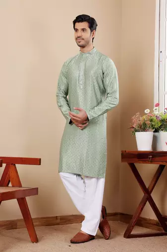 Beautiful chikankari embroidery work green viscosee fabric partywear kurta payjama