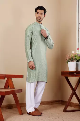 Beautiful chikankari embroidery work green viscosee fabric partywear kurta payjama