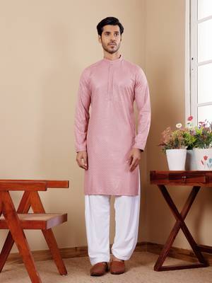 Beautiful chikankari embroidery work pink viscosee fabric partywear kurta payjama 1