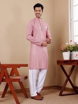 Beautiful chikankari embroidery work pink viscosee fabric partywear kurta payjama 4