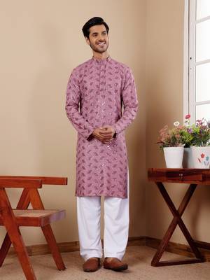 Beautiful chikankari embroidery work pinkish purple viscose fabric partywear kurta payjama 1