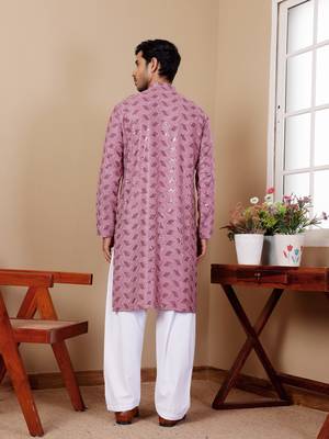 Beautiful chikankari embroidery work pinkish purple viscose fabric partywear kurta payjama 2