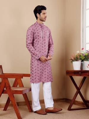 Beautiful chikankari embroidery work pinkish purple viscose fabric partywear kurta payjama 4