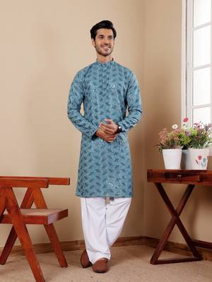 Cyan blue beautiful chikankari embroidery work festivewear kurta payjama for men's 1