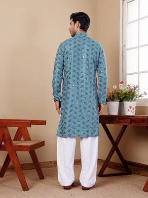 Cyan blue beautiful chikankari embroidery work festivewear kurta payjama for men's 2