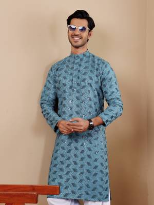 Cyan blue beautiful chikankari embroidery work festivewear kurta payjama for men's 3