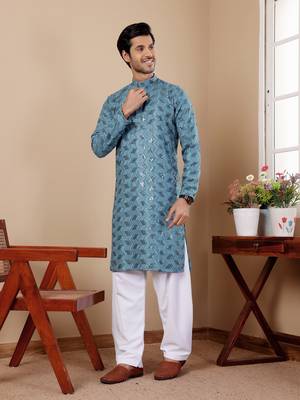 Cyan blue beautiful chikankari embroidery work festivewear kurta payjama for men's 4