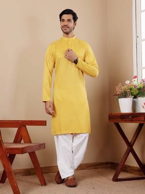 Yellow beautiful chikankari embroidery work festivewear kurta payjama for men's 1