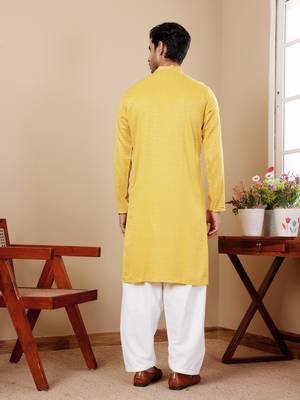 Yellow beautiful chikankari embroidery work festivewear kurta payjama for men's 2