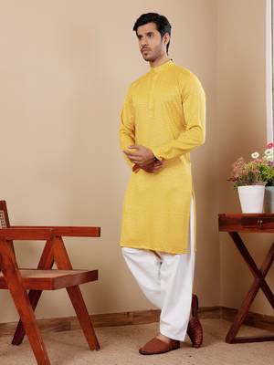 Yellow beautiful chikankari embroidery work festivewear kurta payjama for men's 3