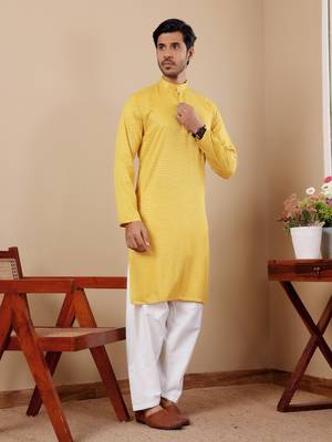 Yellow beautiful chikankari embroidery work festivewear kurta payjama for men's 4
