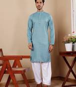 Light cyan blue beautiful chikankari embroidery work festivewear kurta payjama for men's