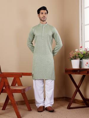 Pastel green beautiful chikankari embroidery work festivewear kurta payjama for men's 1