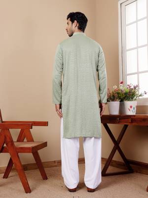 Pastel green beautiful chikankari embroidery work festivewear kurta payjama for men's 2