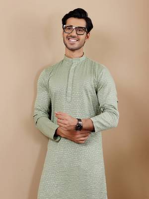 Pastel green beautiful chikankari embroidery work festivewear kurta payjama for men's 3