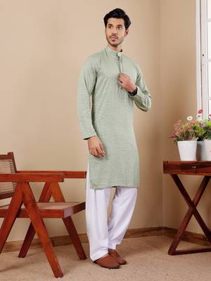 Pastel green beautiful chikankari embroidery work festivewear kurta payjama for men's 4