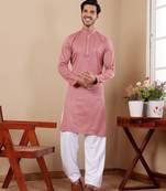 Onion pink beautiful chikankari embroidery work festivewear kurta payjama for men's