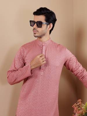 Onion pink beautiful chikankari embroidery work festivewear kurta payjama for men's 3