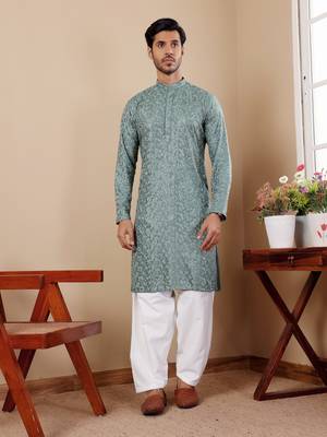 Green beautiful chikankari embroidery work festivewear kurta payjama for men's 1