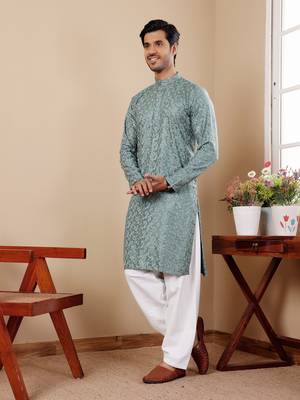 Green beautiful chikankari embroidery work festivewear kurta payjama for men's 3