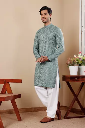 Green beautiful chikankari embroidery work festivewear kurta payjama for men's