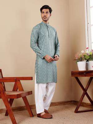 Green beautiful chikankari embroidery work festivewear kurta payjama for men's 4