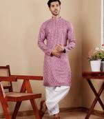 Pinkish purple beautiful chikankari embroidery work festivewear kurta payjama for men's