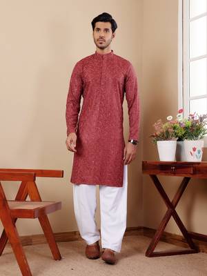 Berry red beautiful chikankari embroidery work festivewear kurta payjama for men's 1