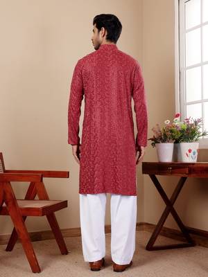 Berry red beautiful chikankari embroidery work festivewear kurta payjama for men's 2