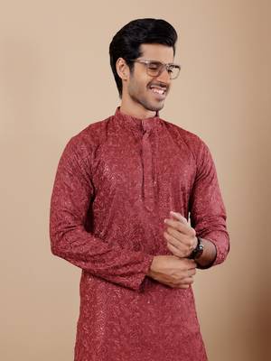 Berry red beautiful chikankari embroidery work festivewear kurta payjama for men's 3
