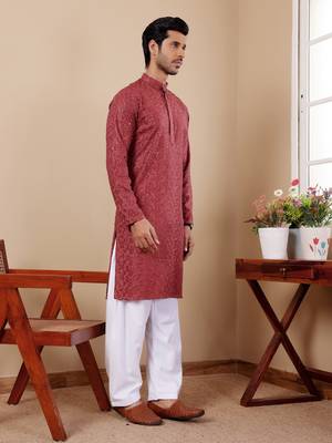 Berry red beautiful chikankari embroidery work festivewear kurta payjama for men's 4