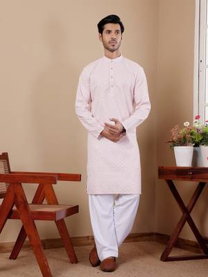 Pink beautiful chikankari embroidery work festivewear kurta payjama for men's 1