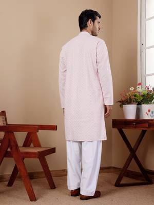 Pink beautiful chikankari embroidery work festivewear kurta payjama for men's 2