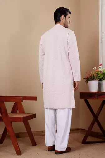 Pink beautiful chikankari embroidery work festivewear kurta payjama for men's