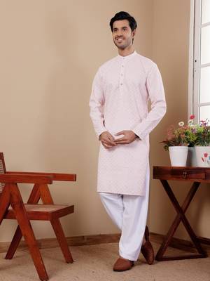 Pink beautiful chikankari embroidery work festivewear kurta payjama for men's 3