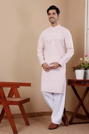 Pink beautiful chikankari embroidery work festivewear kurta payjama for men's