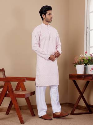 Pink beautiful chikankari embroidery work festivewear kurta payjama for men's 4