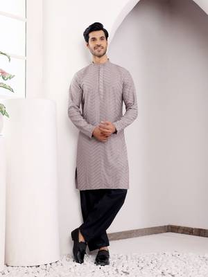  chikankari embroidery work grey festive wear kurta for men 1